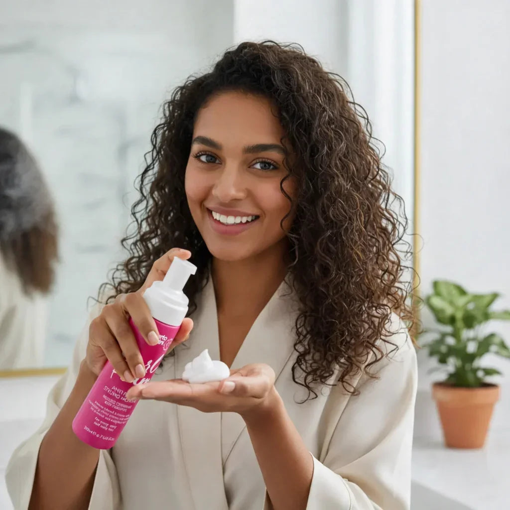 Smiling woman in a bathroom applies foam from a pink hair care bottle, Sunbeam Merchantile product.