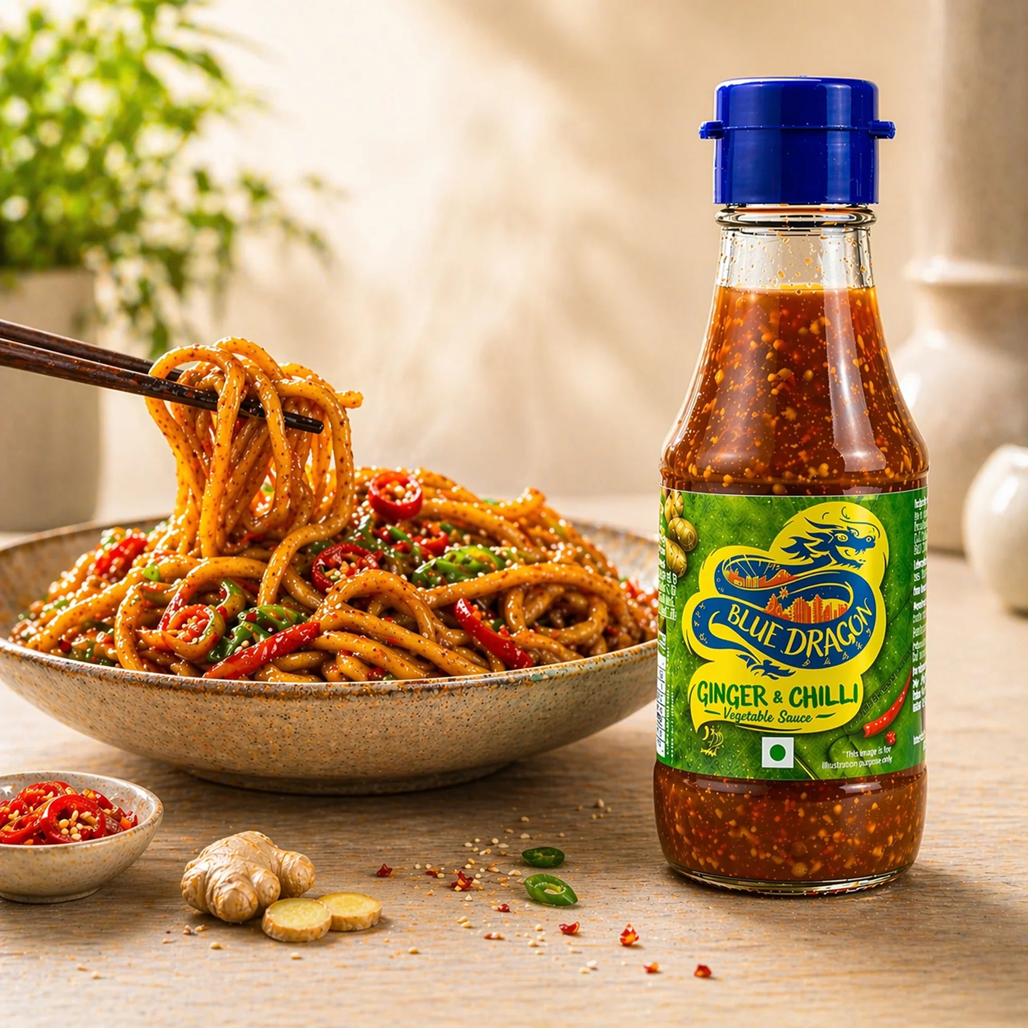 Blue Dragon ginger and chilli sauce bottle next to spicy noodles garnished with peppers and sesame seeds.