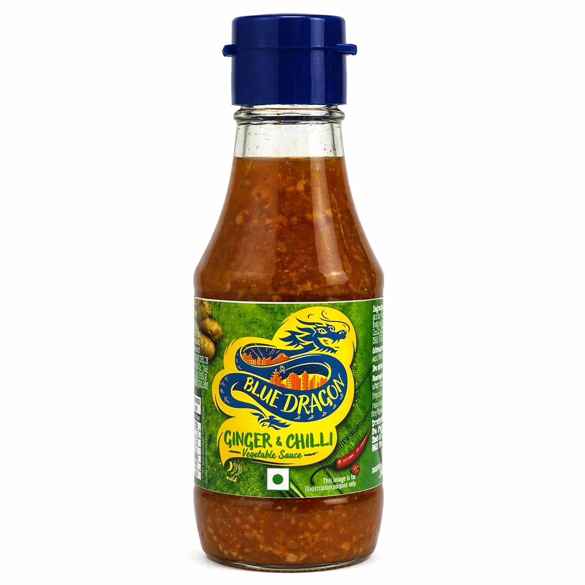 Bottle of Blue Dragon Ginger & Chilli vegetable sauce with green label and blue cap