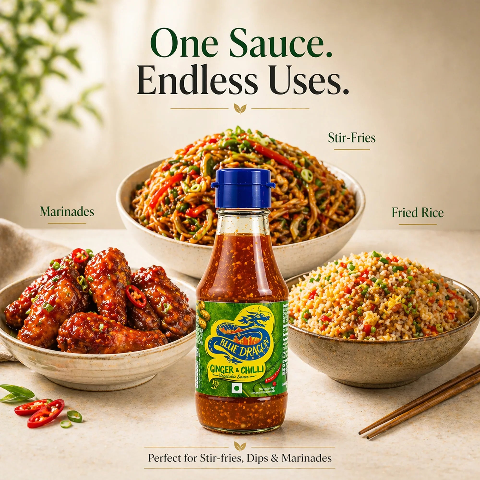 Blue Dragon ginger and chilli sauce bottle with bowls of stir-fried noodles, fried rice, and marinated wings.