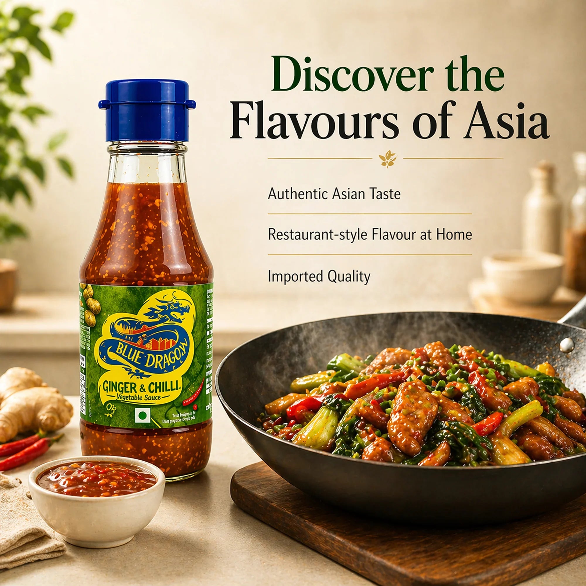 Blue Dragon Ginger & Chilli sauce bottle with stir-fry vegetables and sauce bowl in kitchen setting