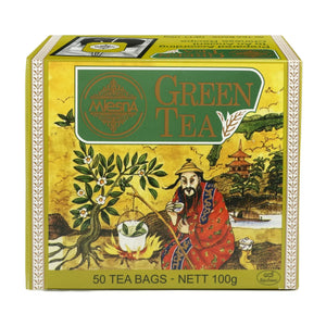 Box of 50 Chinese green tea bags, 100g, with traditional artwork on packaging
