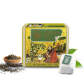 Chinese green tea box with 50 tea bags, loose tea leaves and green tea bag in front