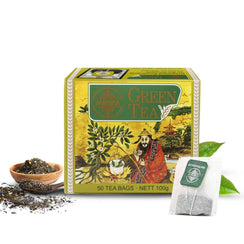Chinese green tea box with 50 tea bags, loose tea leaves and green tea bag in front