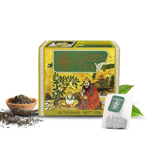 Chinese green tea box with 50 tea bags, loose tea leaves and green tea bag in front