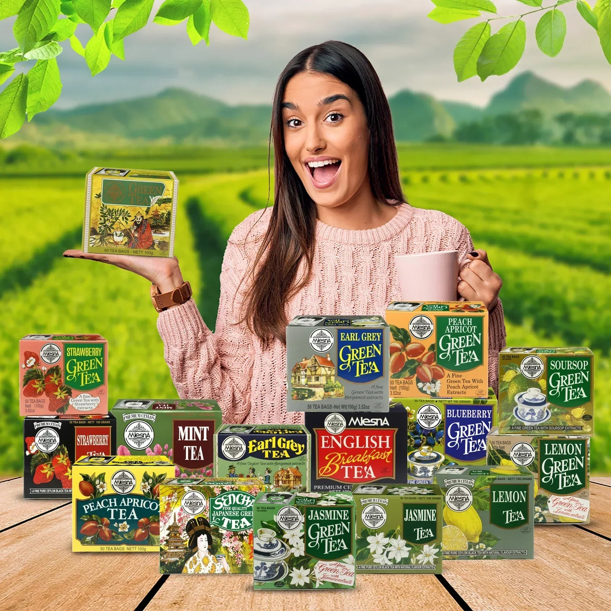 Woman in tea plantation with assorted flavored green tea boxes on table, holding a tea mug