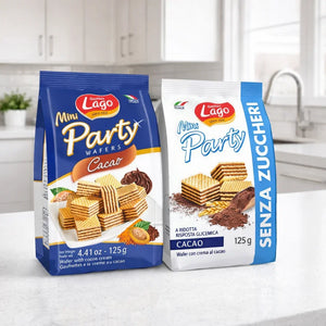 Mini Party cocoa cream sugar free wafers in blue and white packaging on a kitchen counter