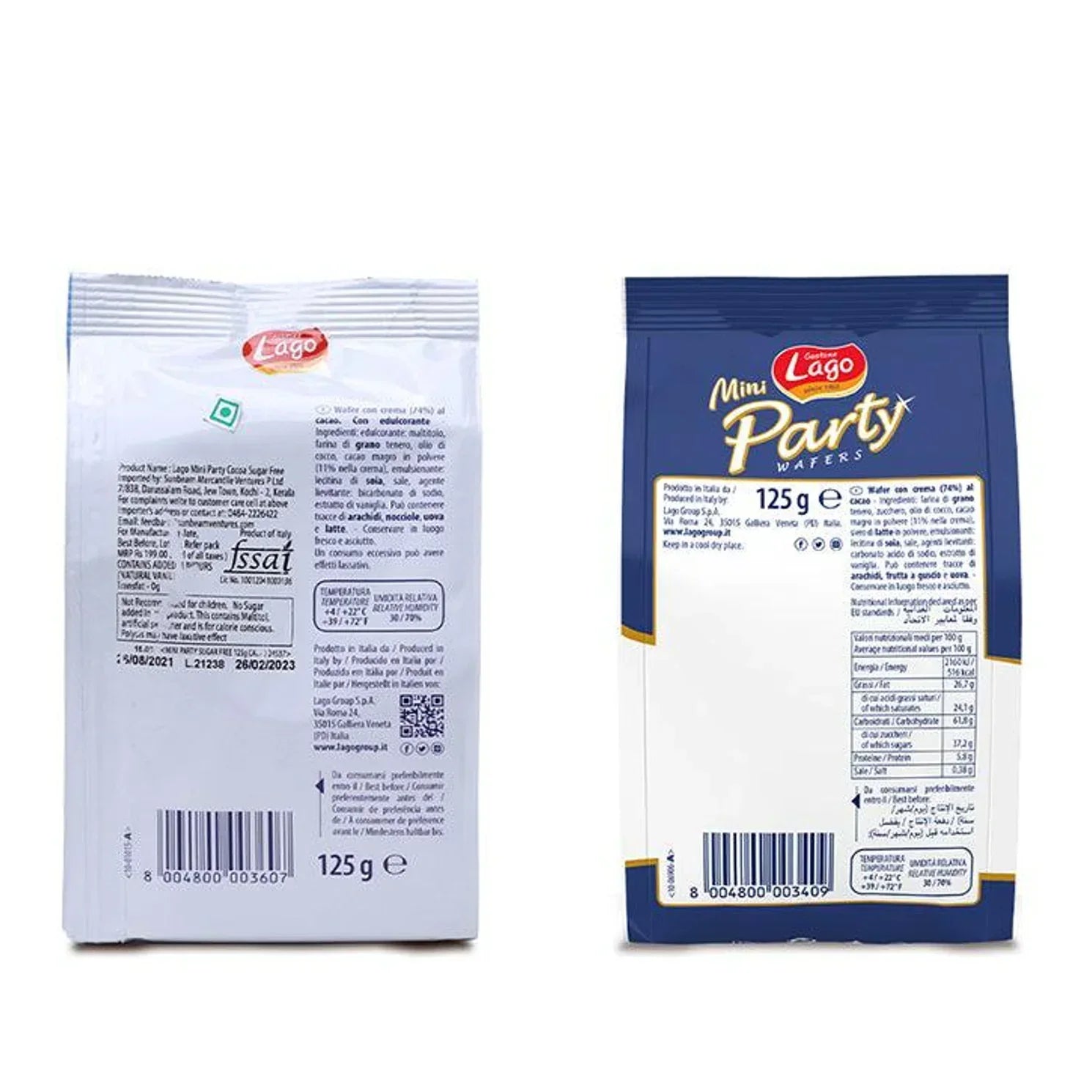 Back view of two packages of Lago Mini Party Wafers cocoa cream, showing nutrition and ingredients.