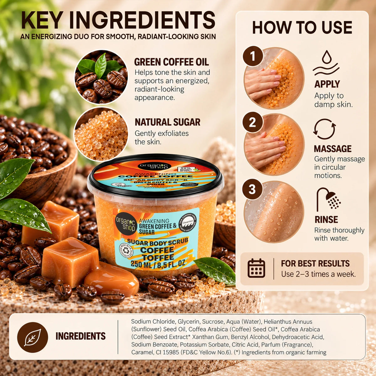Organic Shop Coffee Toffee Sugar Body Scrub with key ingredients and usage instructions.