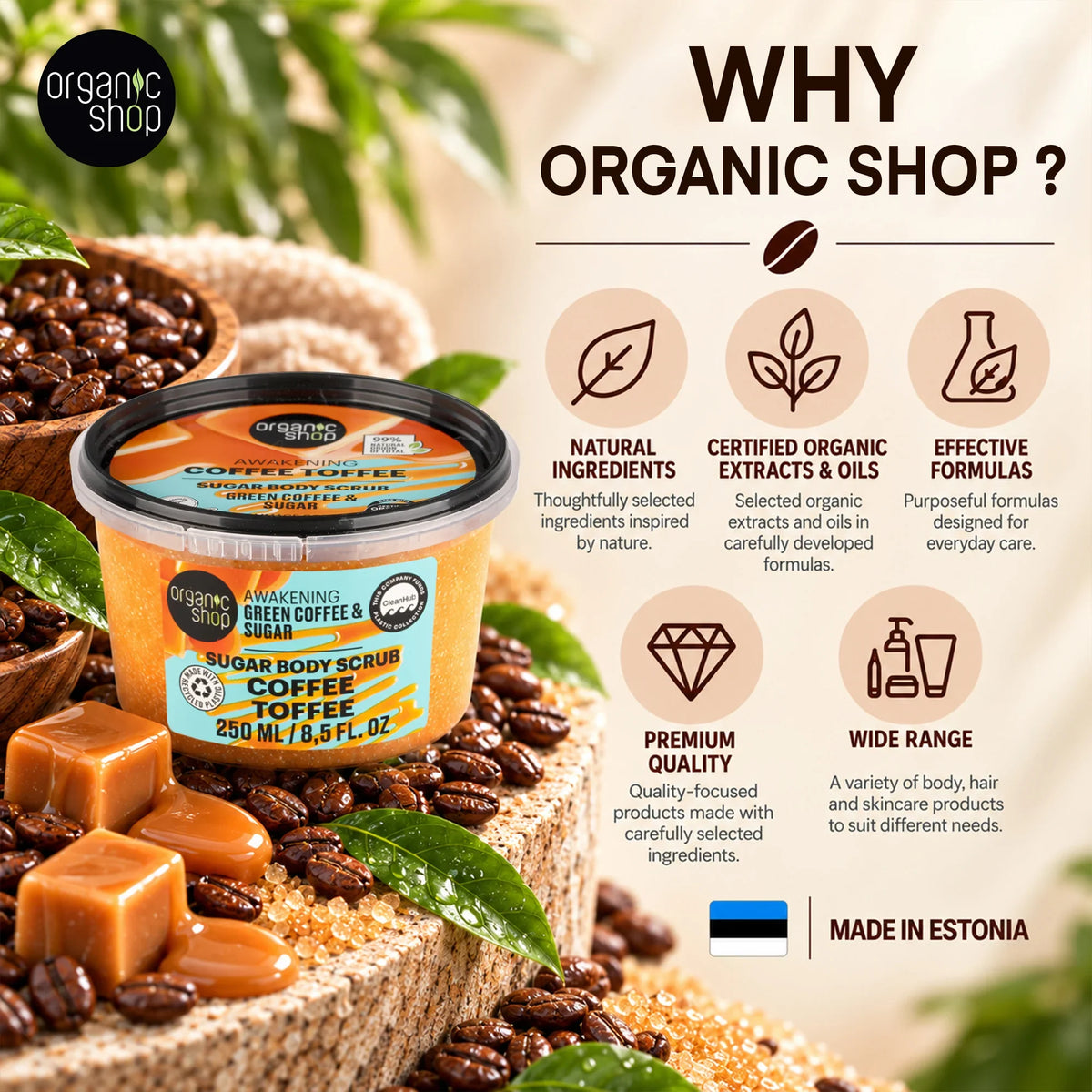 Organic Shop Awakening Green Coffee and Sugar Body Scrub with natural ingredients.