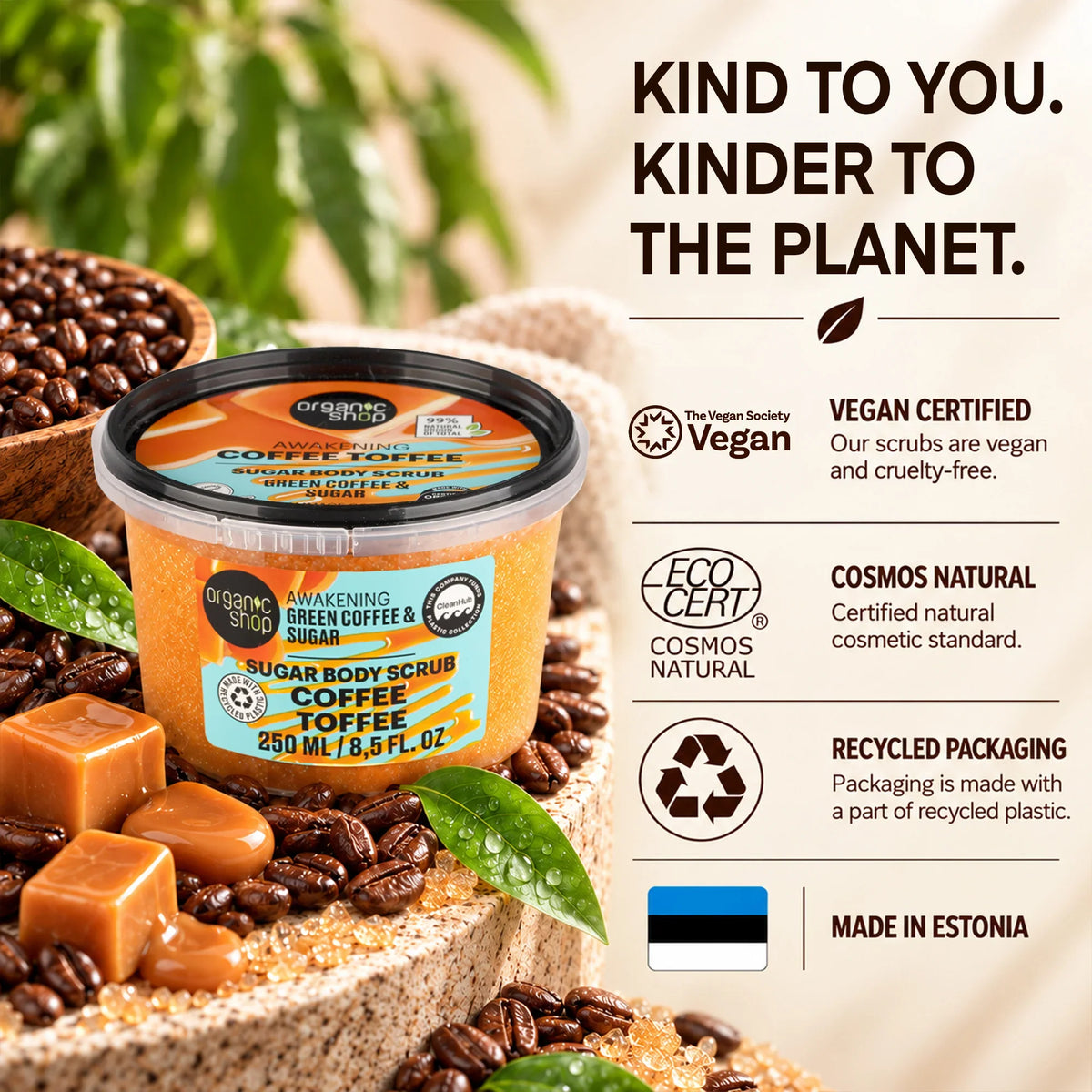 Organic Shop Awakening Coffee Toffee Sugar Body Scrub with eco-cert and vegan labels.