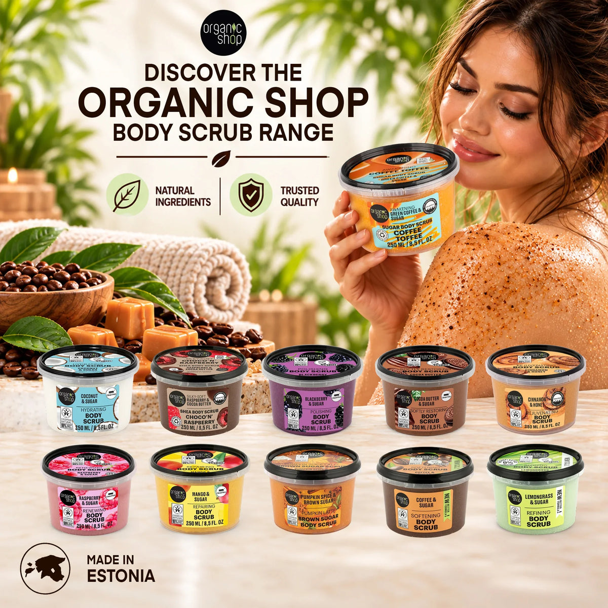 Organic Shop Body Scrub range featuring various fruit and coffee scented exfoliating tubs.