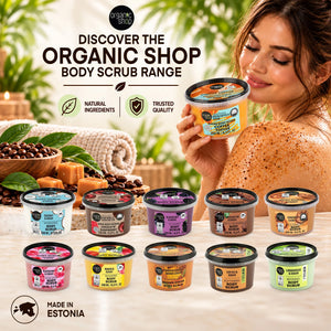 Organic Shop Body Scrub range featuring various fruit and coffee scented exfoliating tubs.