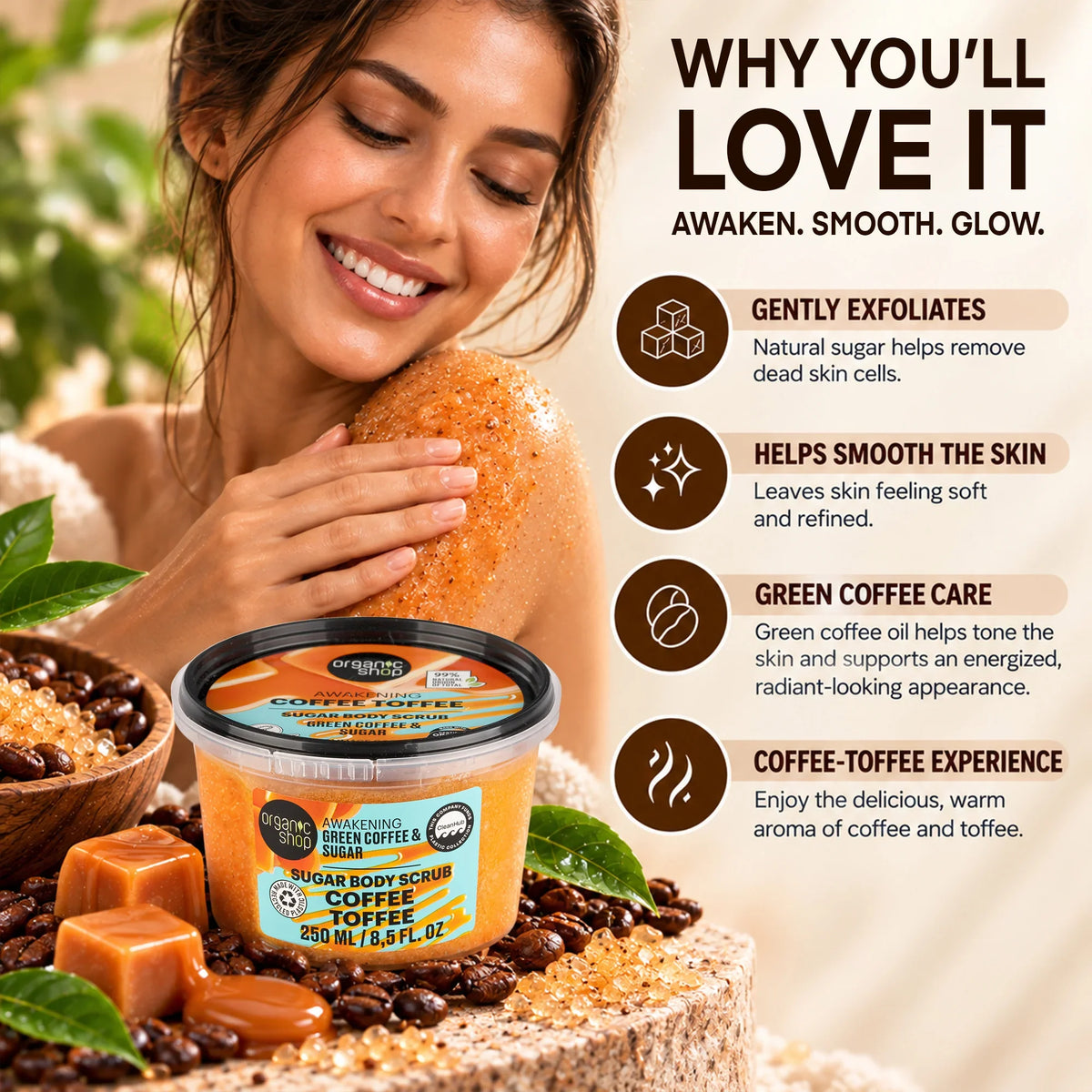 Woman applying Organic Shop Coffee Toffee Sugar Body Scrub for skin exfoliation and glowing skin.