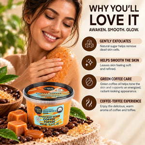 Woman applying Organic Shop Coffee Toffee Sugar Body Scrub for skin exfoliation and glowing skin.