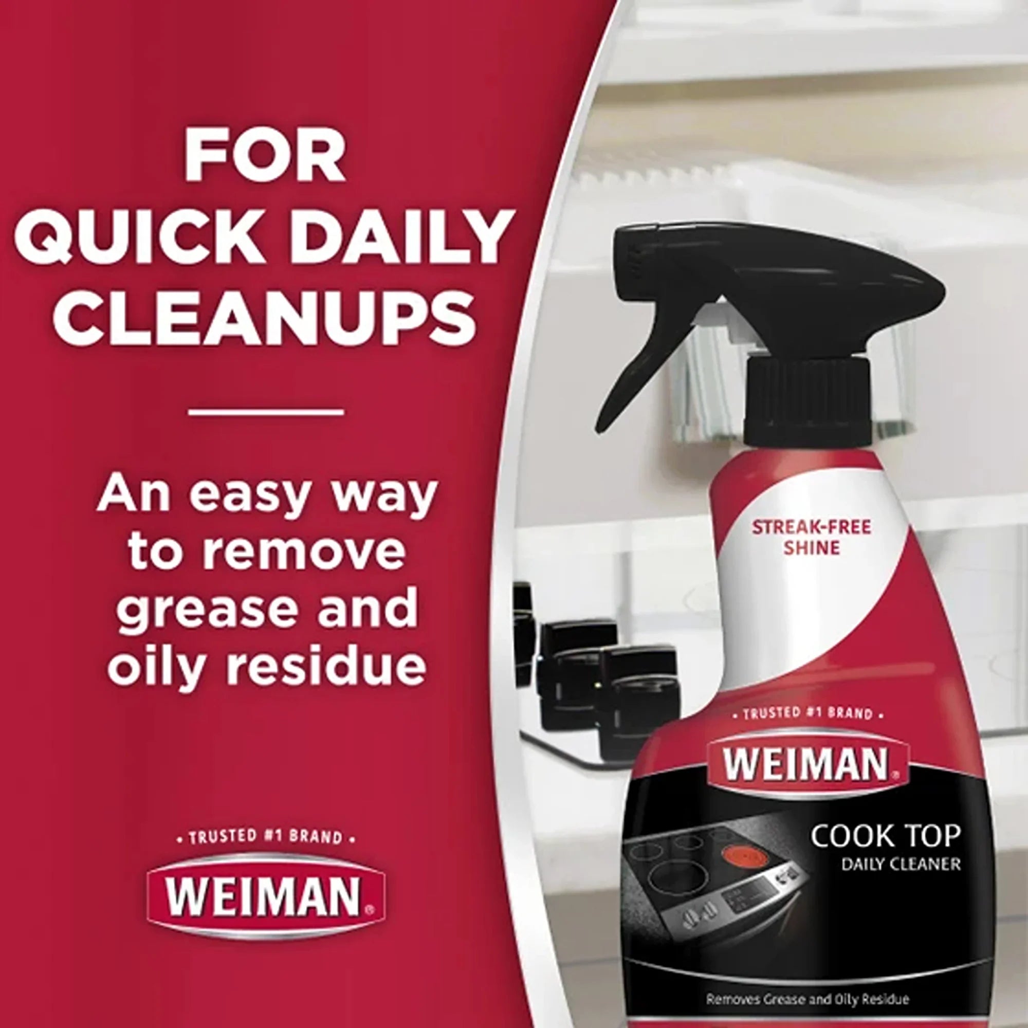 Weiman Cook Top Daily Cleaner spray bottle for quick kitchen cleanups, removes grease and oily residue