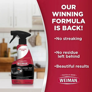 Weiman Cook Top Daily Cleaner spray bottle with streak-free shine formula for grease removal, shown in kitchen setting
