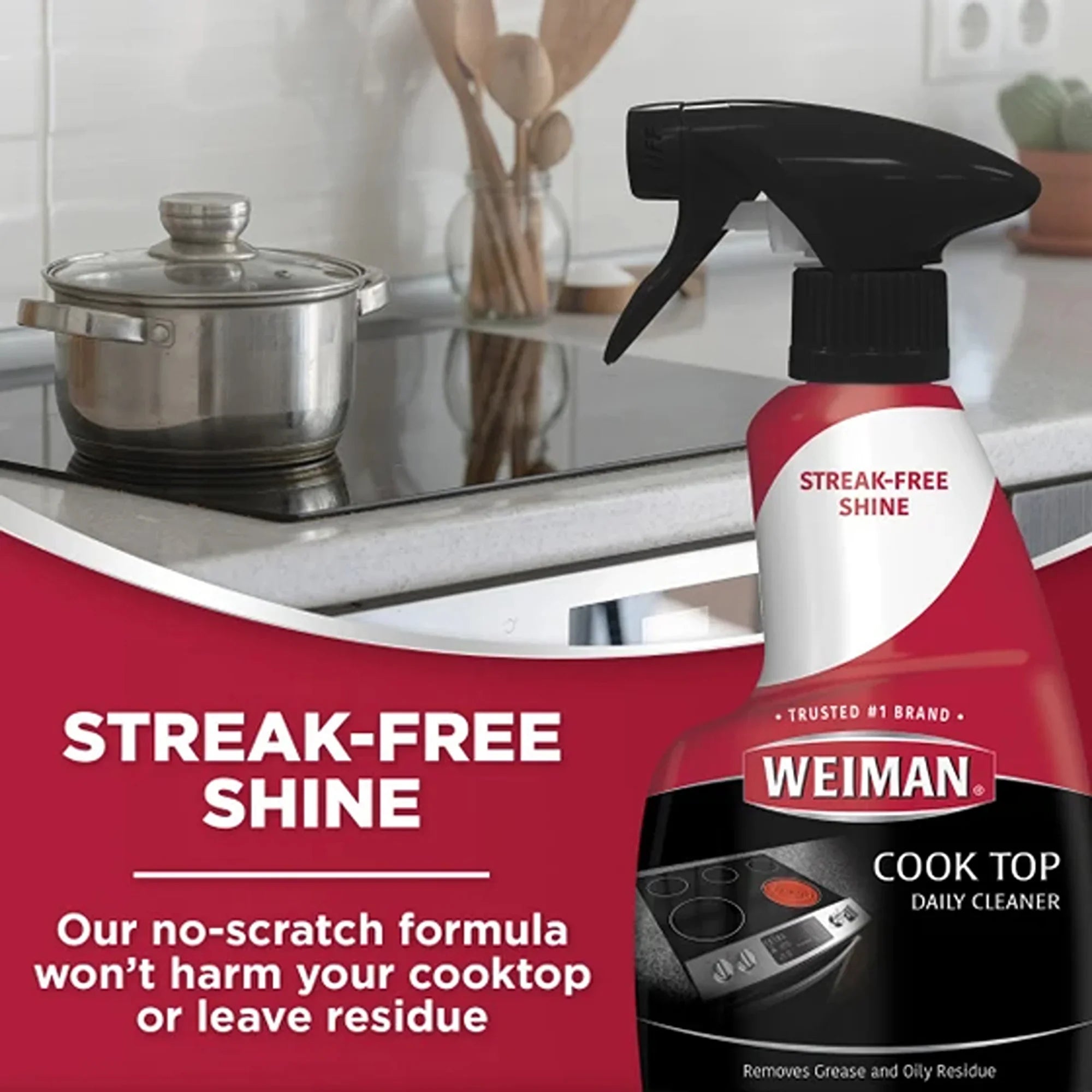 Weiman Cook Top Daily Cleaner spray bottle on kitchen counter, streak-free shine, removes grease, safe for cooktops