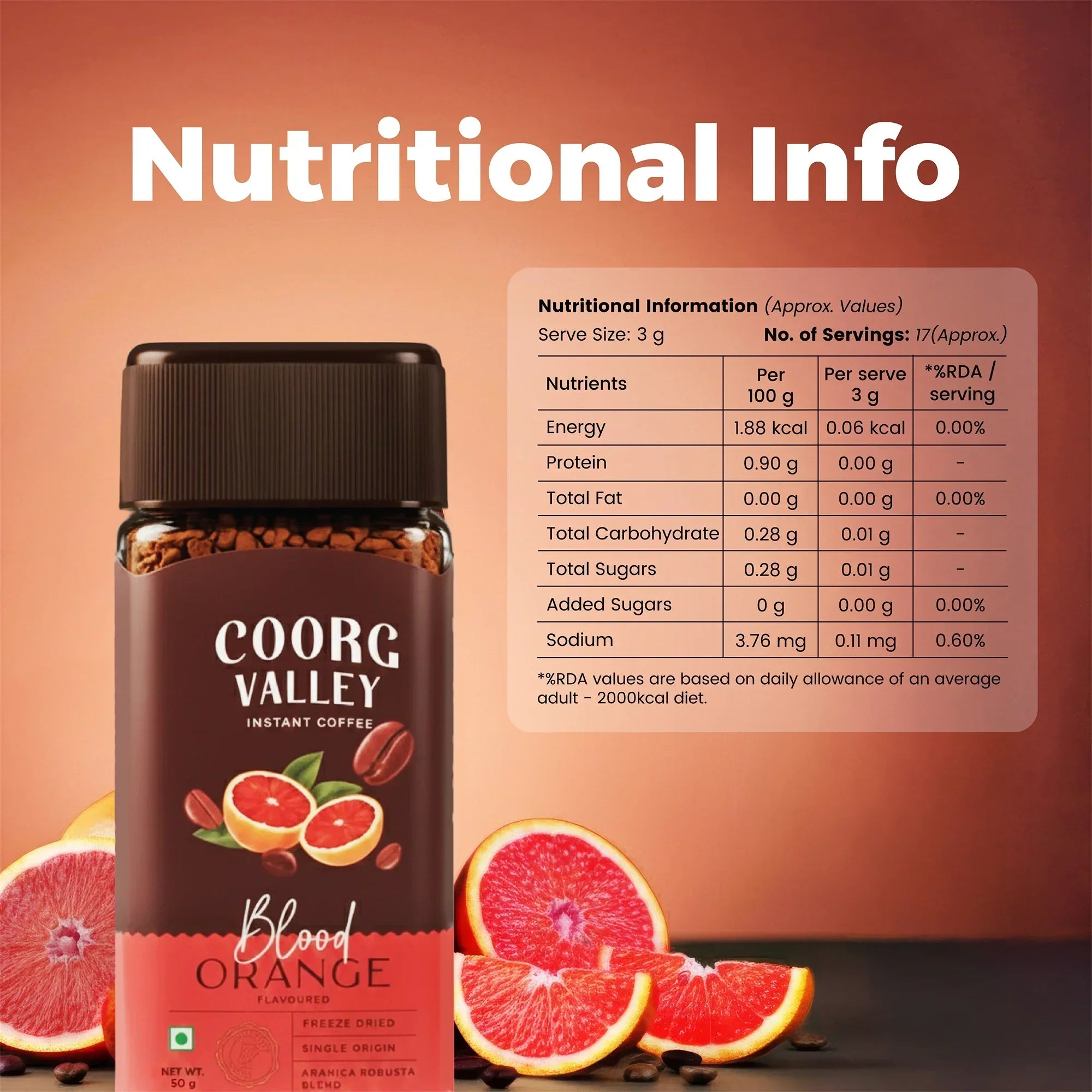 Coorg Valley Blood Orange instant coffee jar with nutrition info and fresh blood orange slices