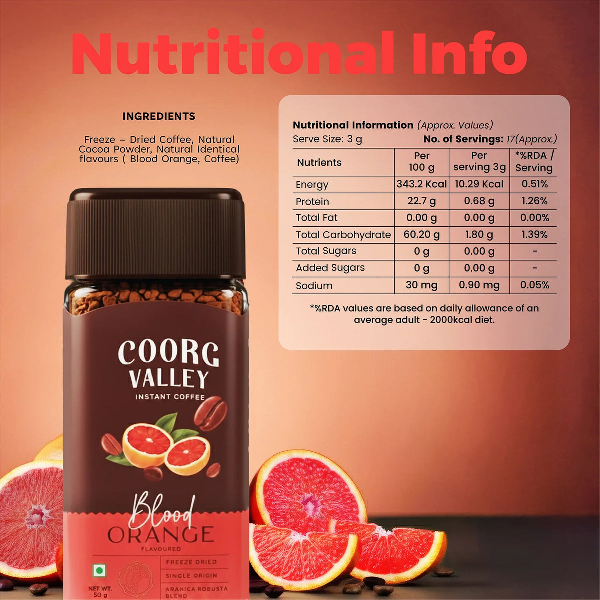 Nutritional information chart for Coorg Valley Blood Orange flavoured freeze-dried instant coffee.