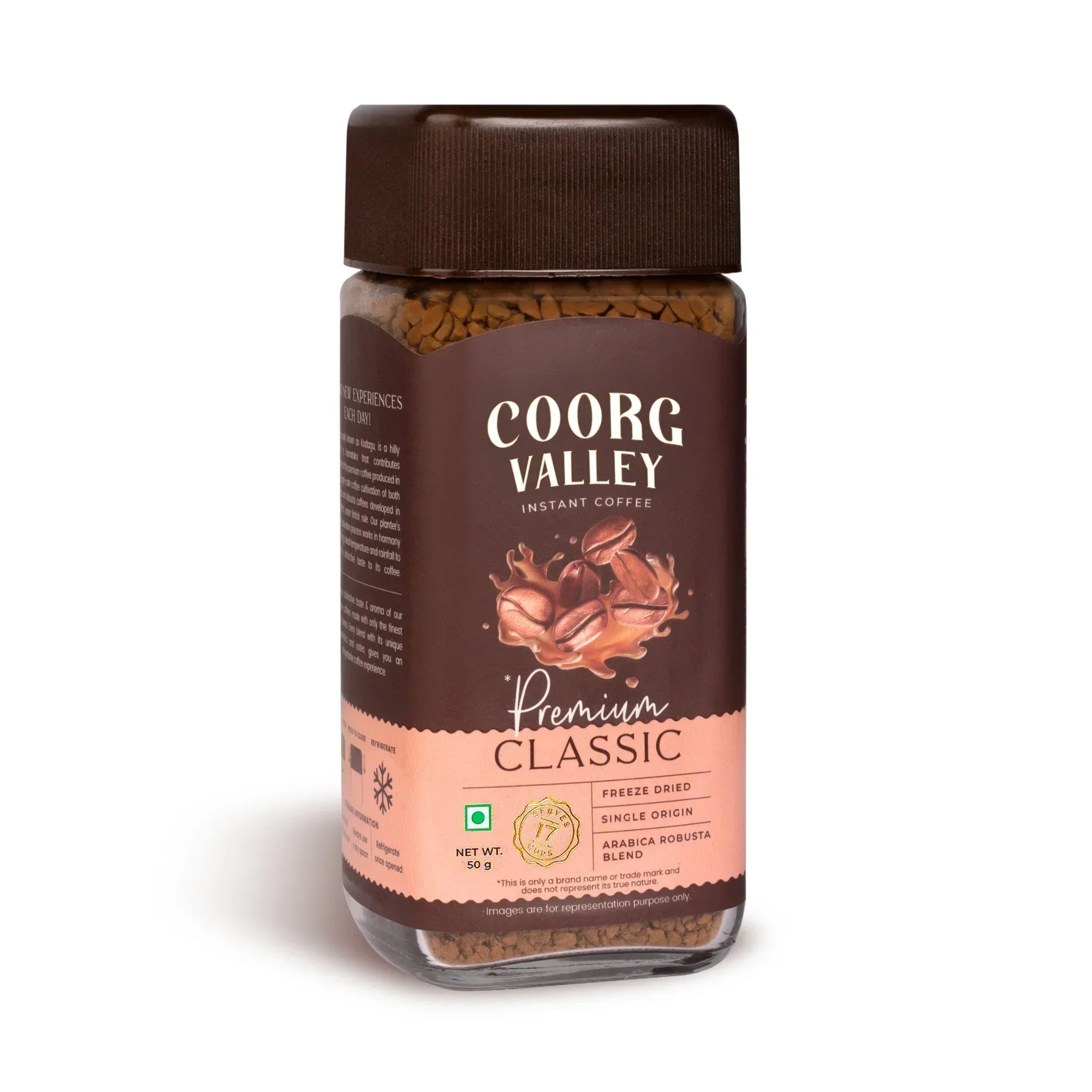 Coorg Valley Premium Classic instant coffee 50g glass jar with brown lid and label