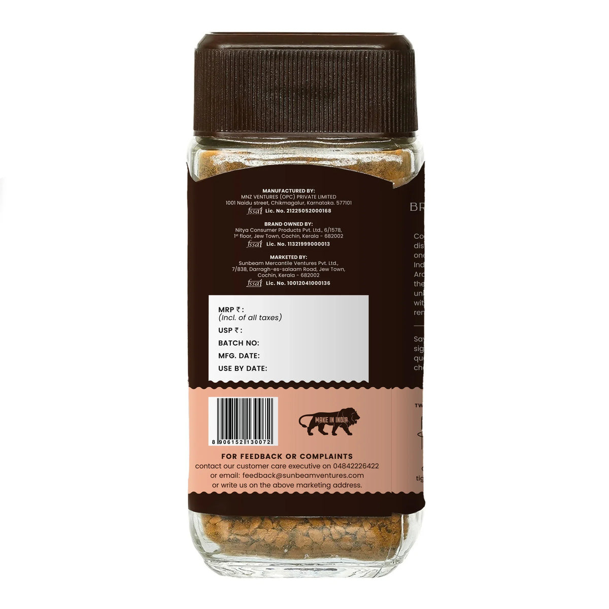 Back label of a glass jar containing gourmet food product, showing manufacturer and contact details.
