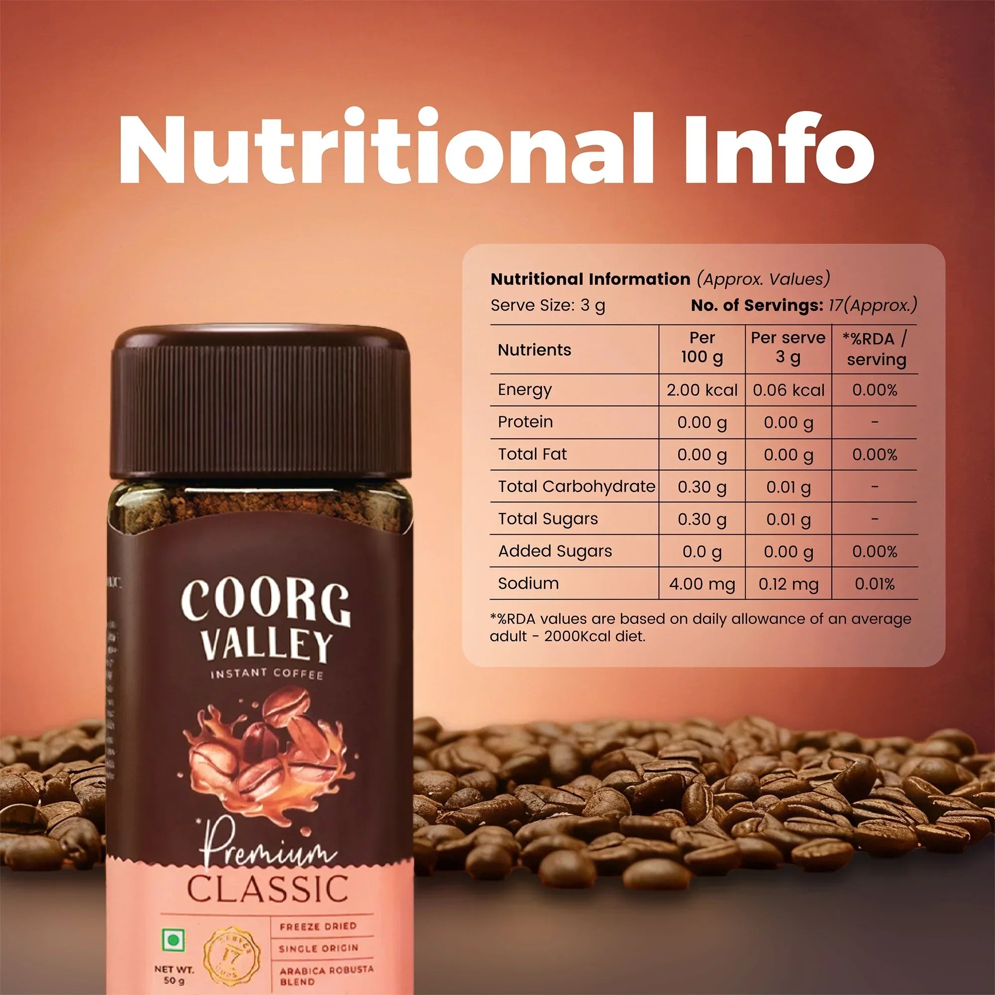 Coorg Valley Premium Classic instant coffee jar with coffee beans and nutritional info chart