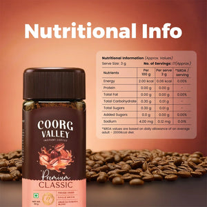 Coorg Valley Premium Classic instant coffee jar with coffee beans and nutritional info chart
