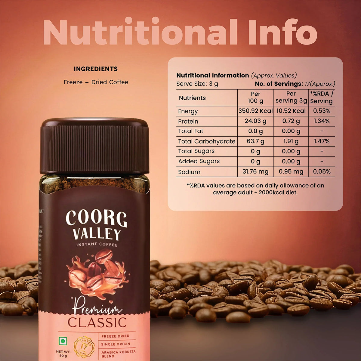 Coorg Valley Premium Classic Freeze Dried Instant Coffee jar with nutritional information table.