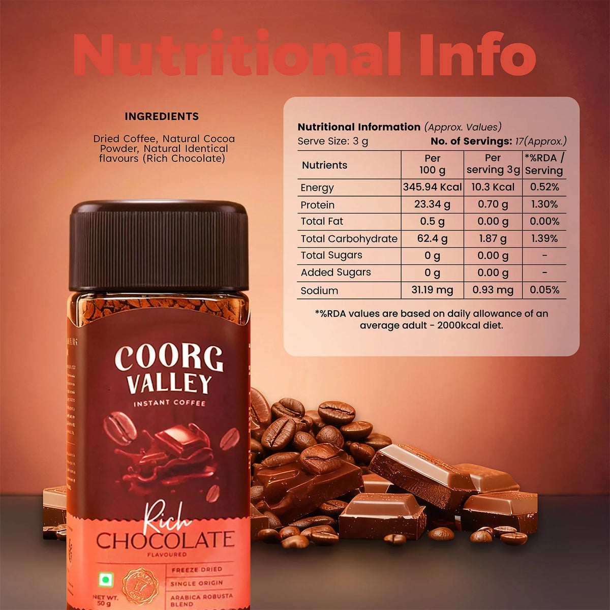 Coorg Valley Rich Chocolate Instant Coffee jar with nutritional facts and chocolate pieces.