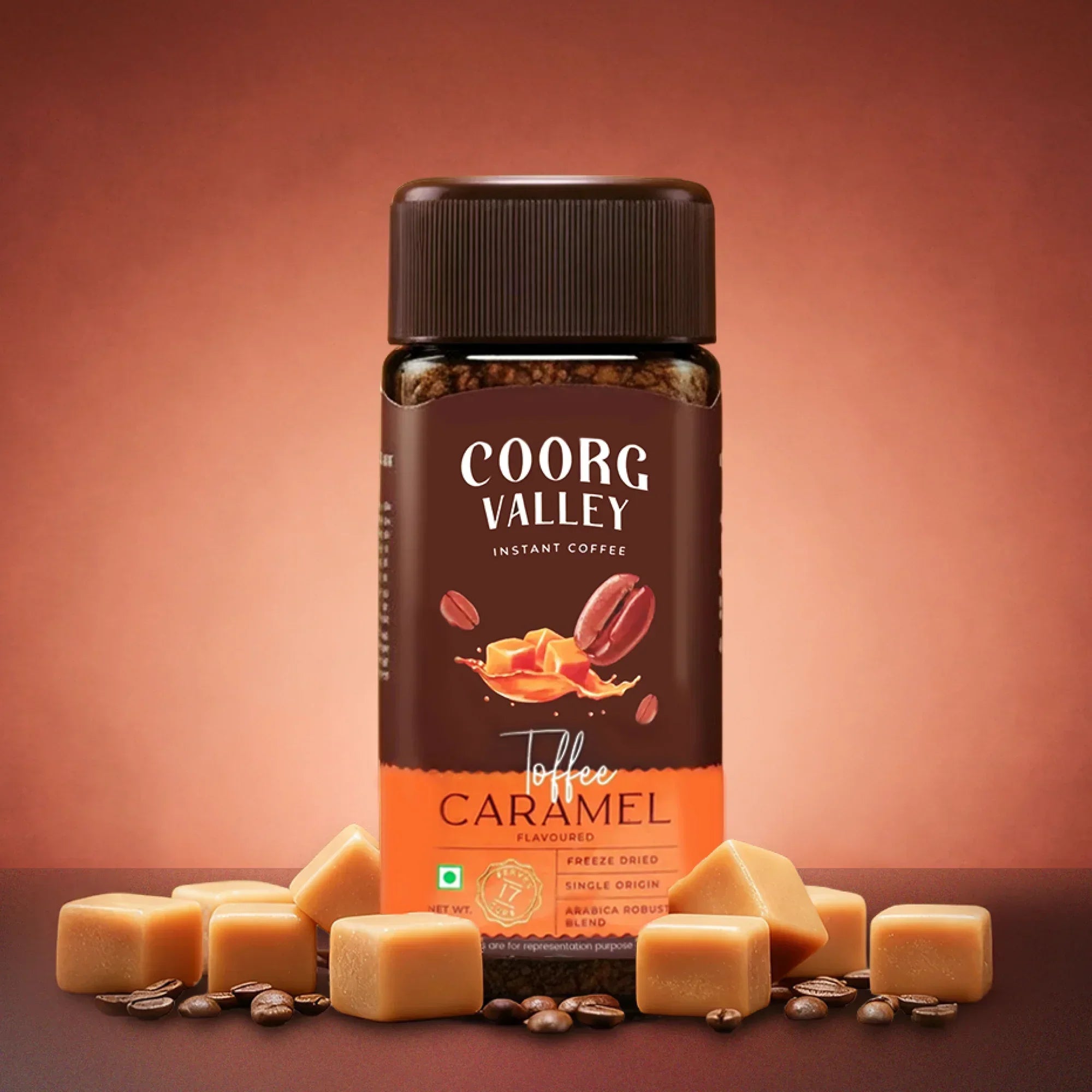 Coorg Valley Toffee Caramel instant coffee jar with caramel cubes and coffee beans