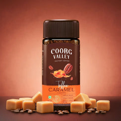 Coorg Valley Toffee Caramel instant coffee jar with caramel cubes and coffee beans