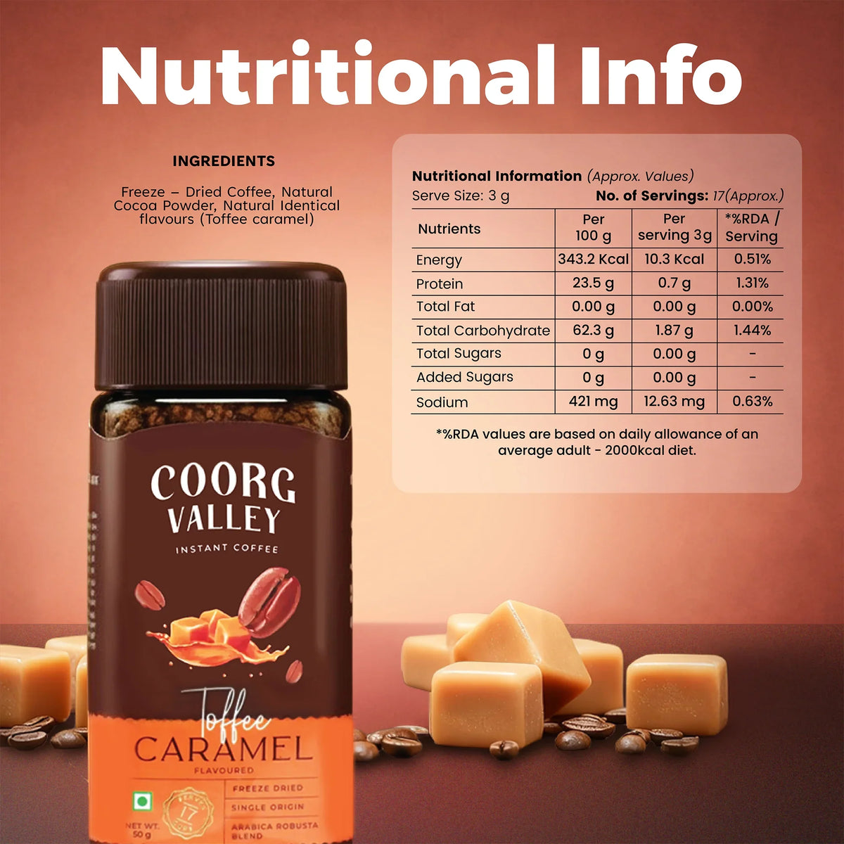 Nutritional information and ingredients for Coorg Valley Toffee Caramel freeze-dried instant coffee.