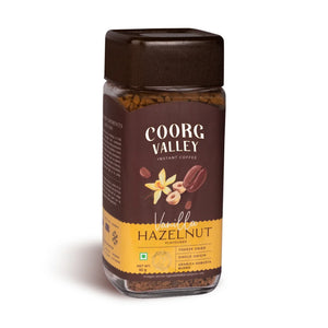 Coorg Valley Vanilla Hazelnut instant coffee jar, 50g freeze dried blend on white background