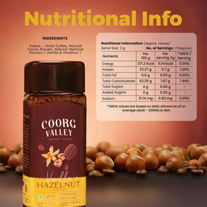 Coorg Valley Vanilla Hazelnut Instant Coffee bottle with nutritional information and hazelnuts.