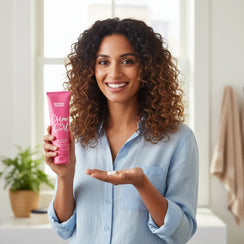 Smiling woman with curly hair holding pink Crème de Curl Control Cream tube in bright bathroom