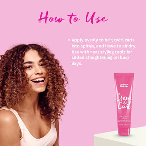 Smiling woman with curly hair next to Umberto Giannini Crème de Curl control cream on pink background with usage instructions