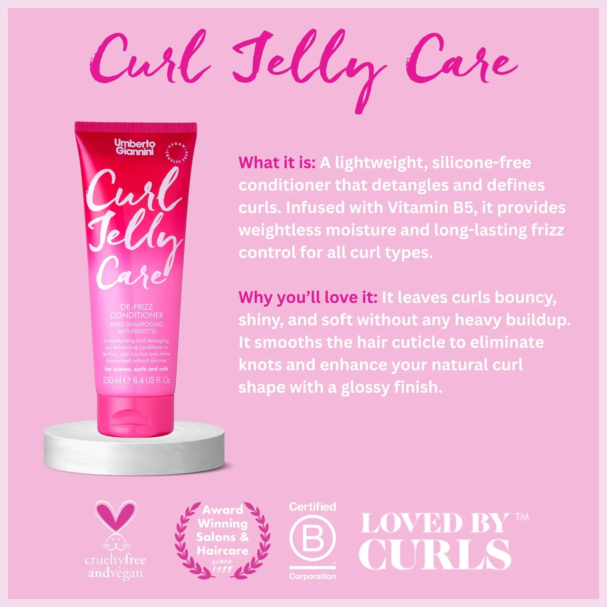 Umberto Giannini Curl Jelly Care silicone-free conditioner tube on marble pedestal, pink background with product benefits text