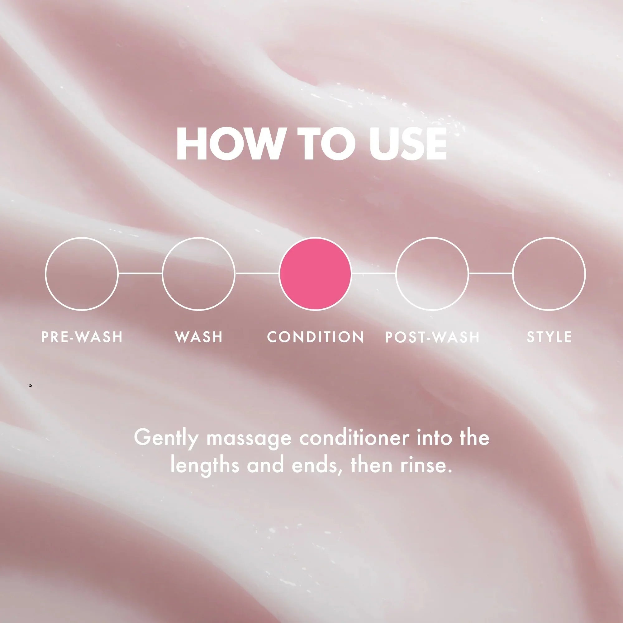 How to use hair conditioner step with pink creamy texture background, massage into lengths and ends