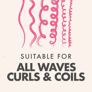 Graphic showing various pink curl patterns with text suitable for all waves, curls & coils for hair care