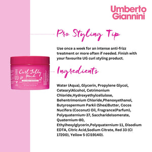 Umberto Giannini Curl Jelly Mask pink jar with styling tips and ingredient list on white and pink background