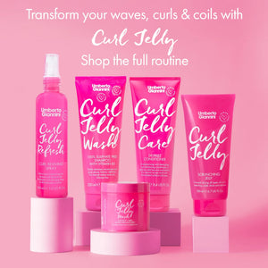 Umberto Giannini Curl Jelly hair care range with shampoo, conditioner, scrunching jelly, mask, and curl reviving spray on pink background