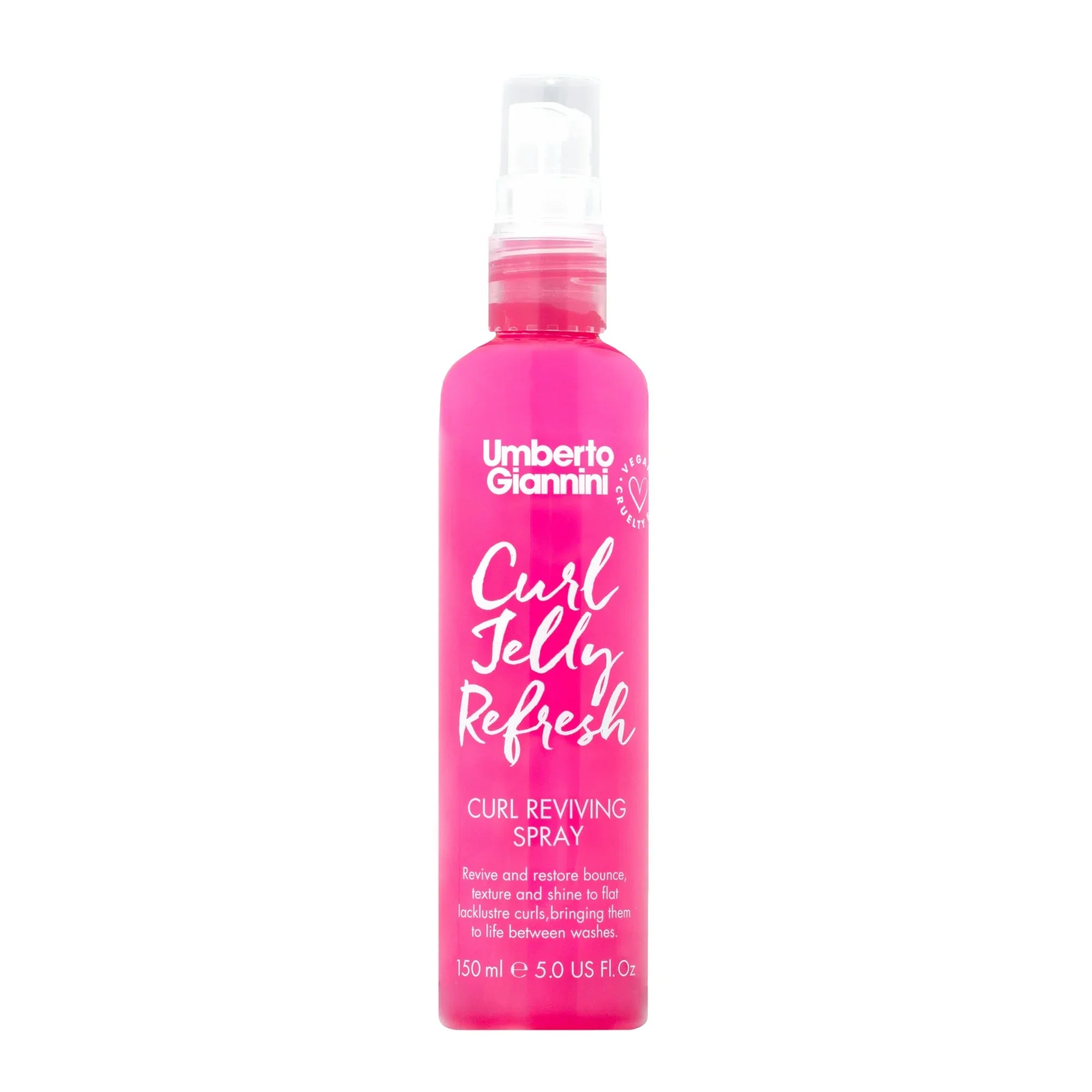 Umberto Giannini Curl Jelly Refresh curl reviving spray in a pink 150ml bottle, vegan and cruelty-free