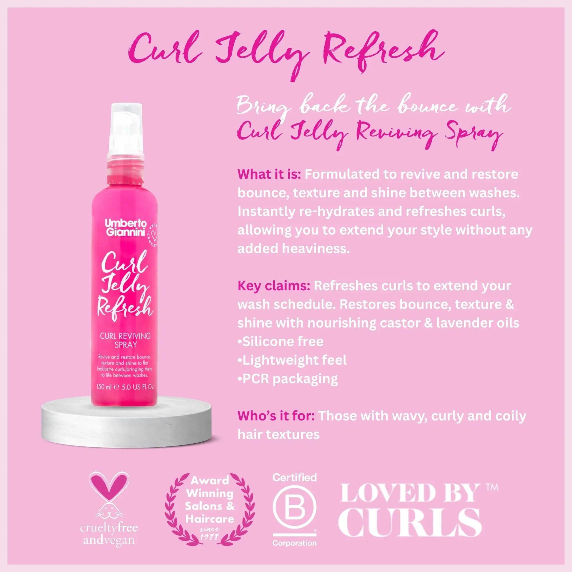 Pink bottle of Umberto Giannini Curl Jelly Refresh Curl Reviving Spray on marble pedestal with product benefits text on a pink background