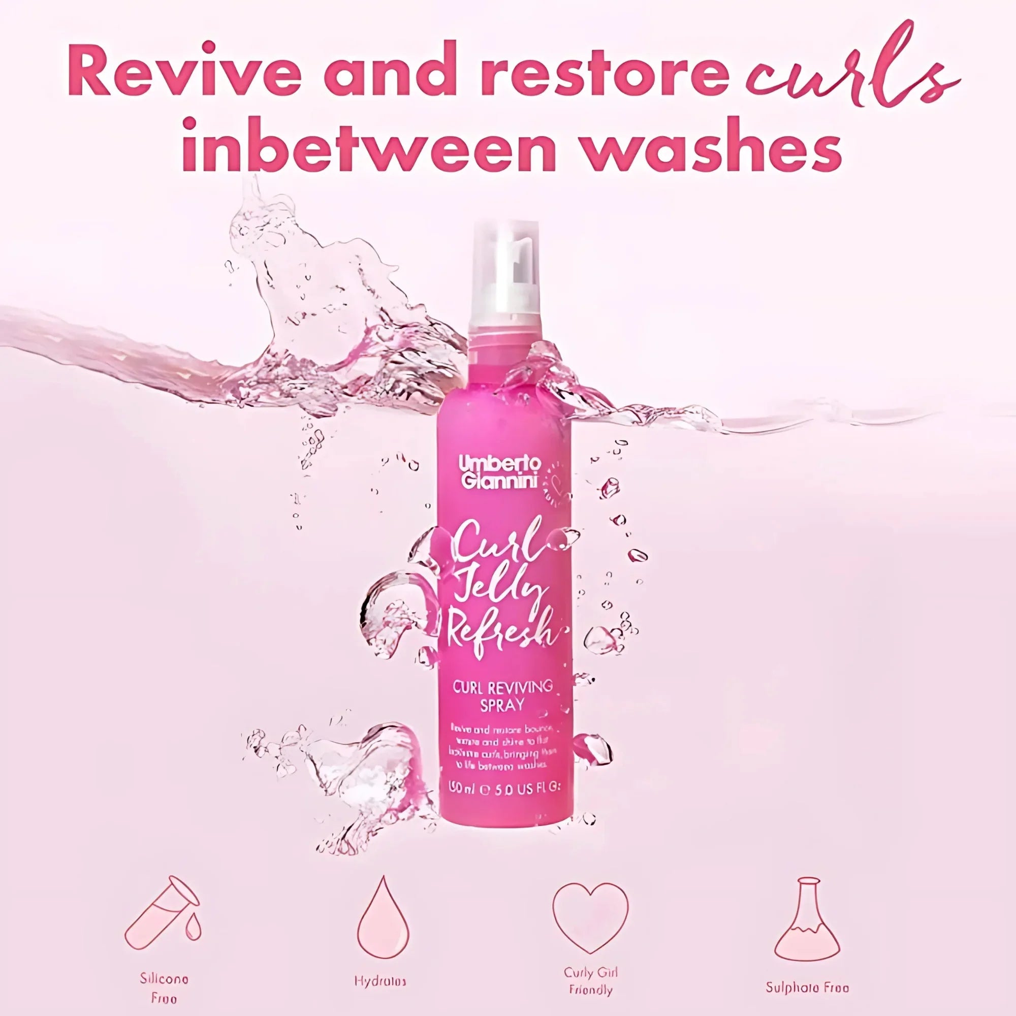 Umberto Giannini Curl Jelly Refresh curl reviving spray bottle with water splash, silicone free, hydrating, curly girl friendly, sulphate free