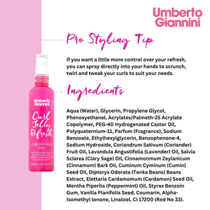 Umberto Giannini Curl Jelly Refresh curl reviving spray bottle with pro styling tip and ingredients list on pink and white background