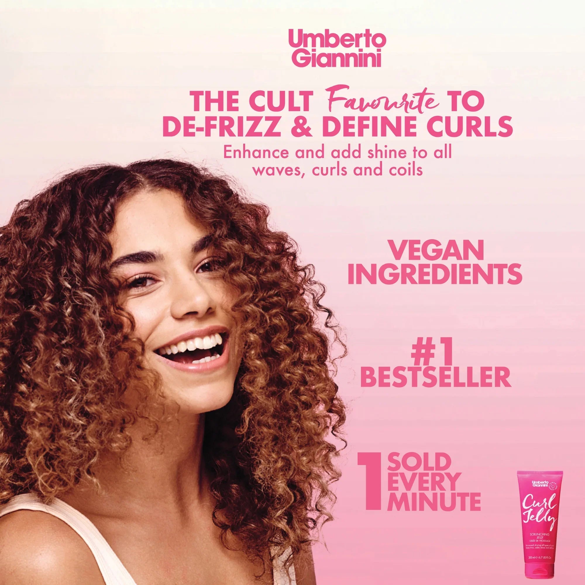 Smiling woman with defined curly hair promoting Umberto Giannini Curl Jelly for de-frizzing and defining curls