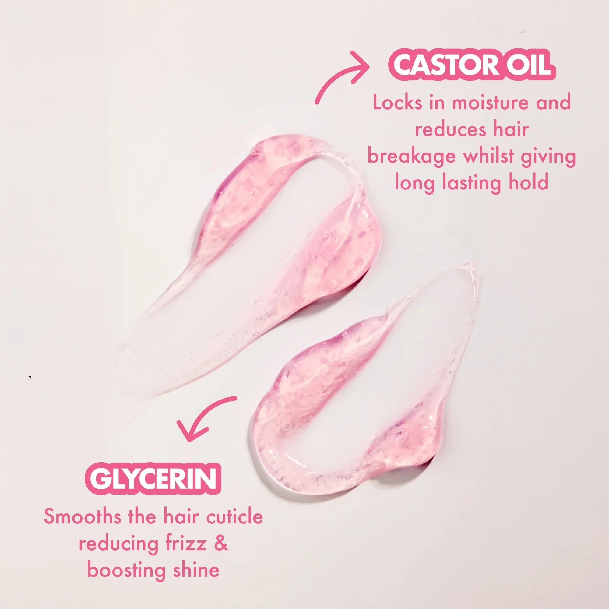 Clear pink gel swatches highlighting castor oil for moisture and glycerin for smoothing hair and reducing frizz