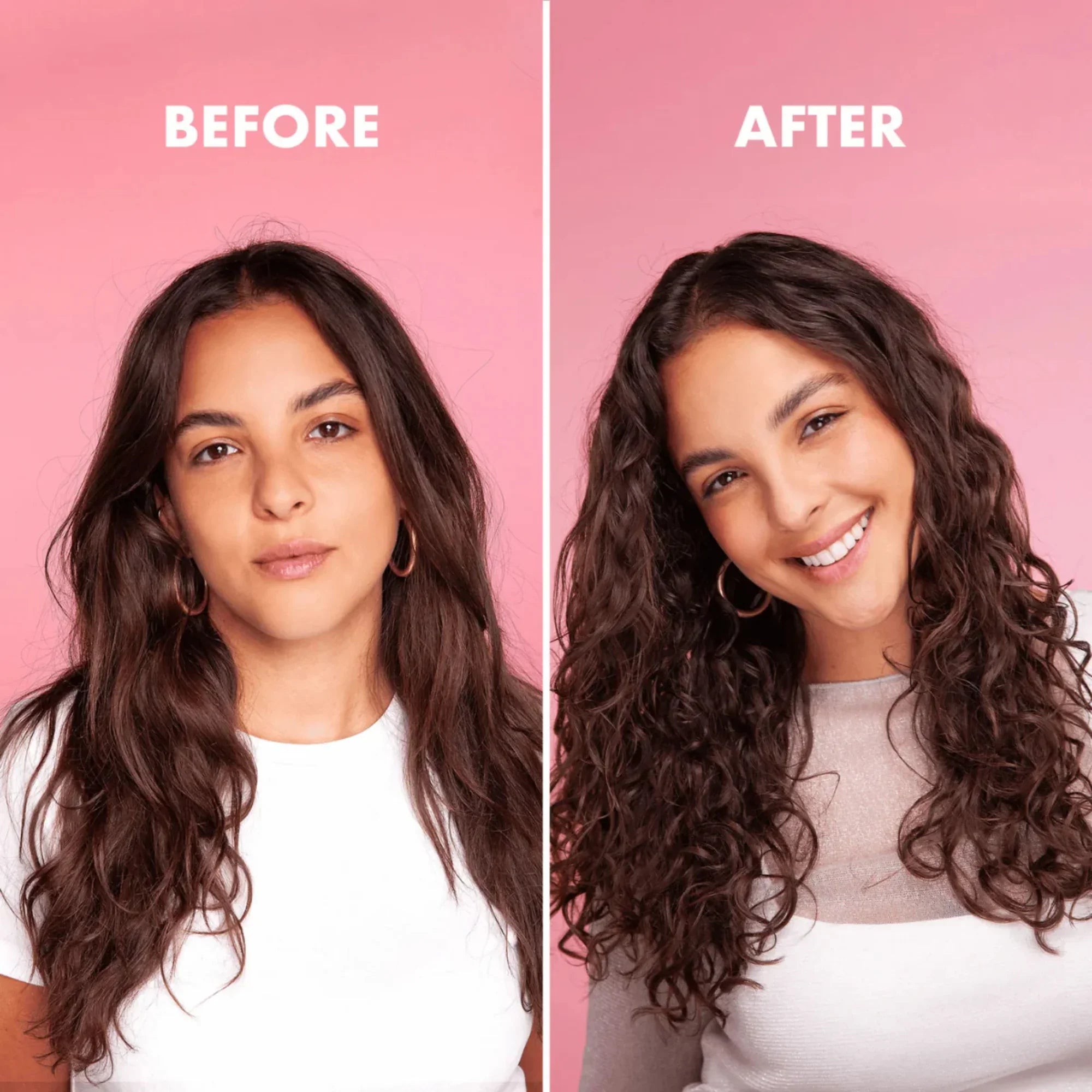 Before and after comparison of woman with straight and defined curly hair on pink background