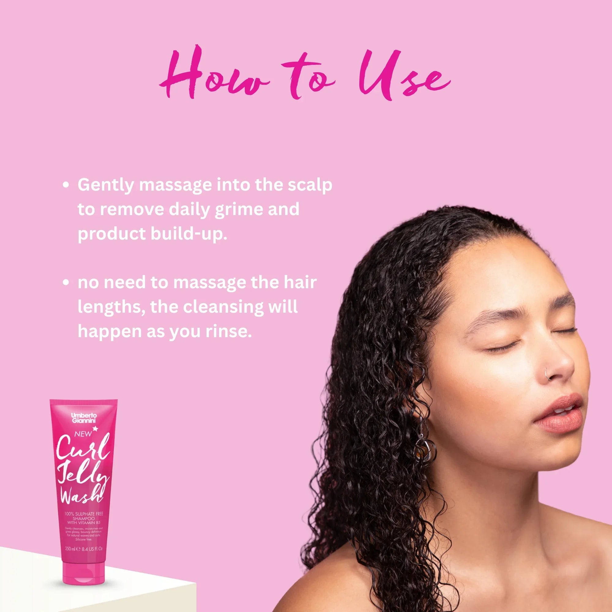 Instructions to use Umberto Giannini Curl Jelly Wash shampoo with Vitamin B5, featuring a woman with wet curly hair and a pink background